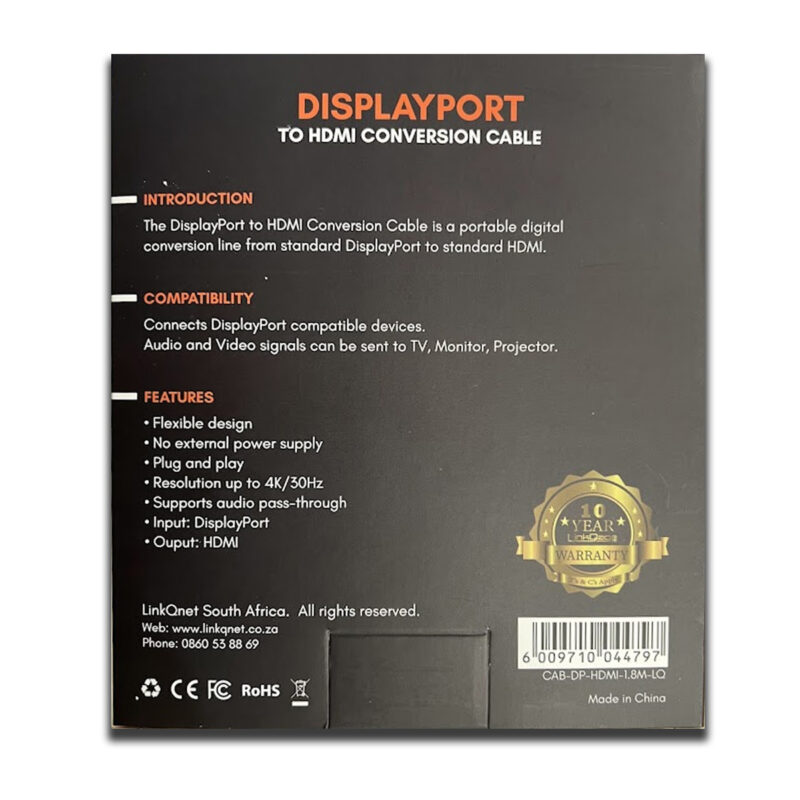 LinkQnet 1.8m 4K DisplayPort 1.2 Male to HDMI Male Cable - Image 3