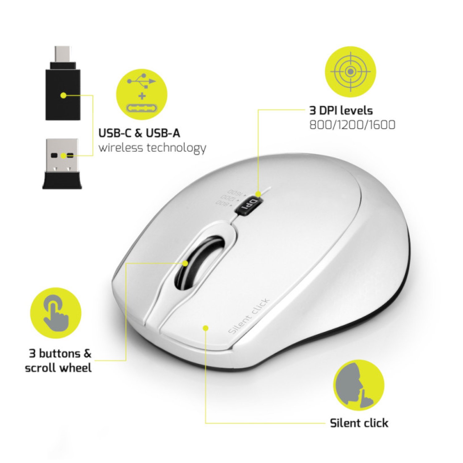Port Connect Silent 1600DPI 3 Button Wireless Mouse - White - Image 3