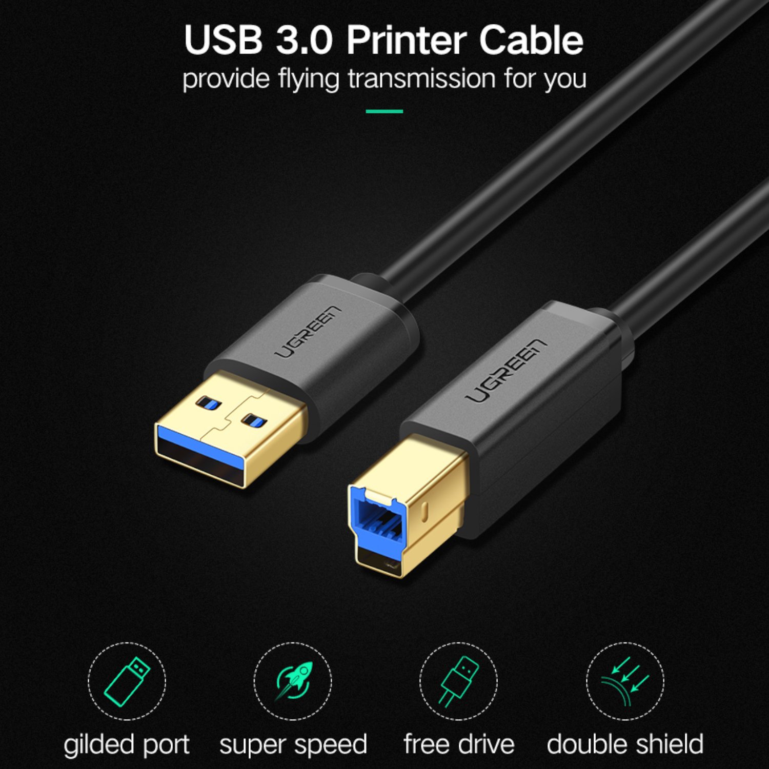 UGreen US210 USB-A Printer Cable 2M - Black - Image 4